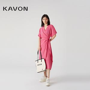 Kavon/卡汶优雅端庄气质新中式立裁绑带V领收腰围裹式短袖连衣裙