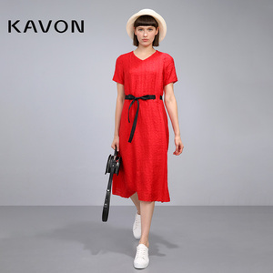 KAVON卡汶多巴胺年轻新款红色v领连衣裙温柔风收腰显瘦气质裙子