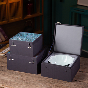 正方形瓷器茶碗包装盒布锦盒礼品盒高档古董收藏工艺品空盒礼盒