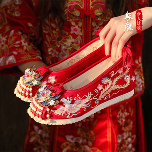 凤冠霞帔秀禾婚鞋女中式红色新娘鞋结婚汉服鞋内增国风古装绣花鞋