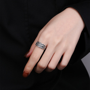 S925纯银复古做旧戒指宽面个性编织链条指环小指开口食指戒指女