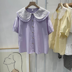 夏季新款奶油紫女士衬衫娃娃领短袖上衣淡紫色蕾丝领大领子双层领