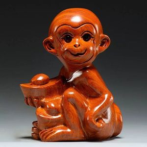 （实木招财礼品）花梨木猴子雕刻摆件十二生肖猴木头属猴家居客厅