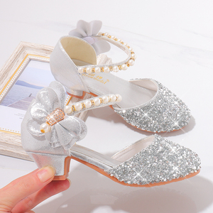 巴柆巴柆女童公主鞋主持人钢琴演出皮鞋高跟鞋小孩银色礼服水晶鞋