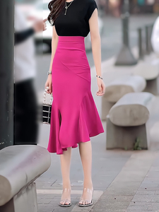玫红色半身裙女夏季新款欧货时尚洋气鱼尾裙高级感中长款包臀裙子