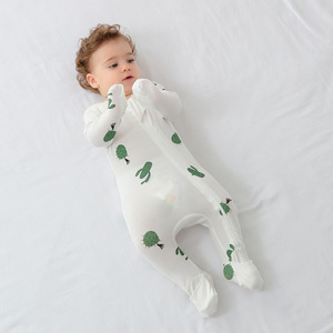 婴儿连体衣夏季超薄款长袖睡衣新生幼儿哈衣宝宝包脚包手拉链爬服