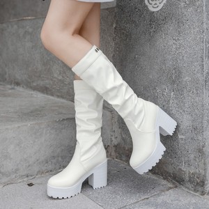 大码春秋季韩版欧美女新款皮鞋防水台高筒粗跟厚底黑白色中长靴子