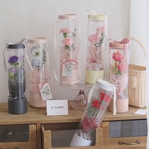 情人节手提花盒PVC花桶抱抱桶透明鲜花筒插花盒单支玫瑰花包装盒