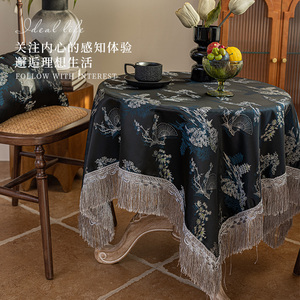 新中式中国风黑色松鹤餐桌桌布氛围感茶几布艺轻奢高级感蕾丝台布