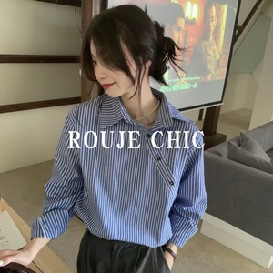法国Rouje Chic简约露肩斜扣蓝色条纹衬衫女早春季设计感宽松上衣