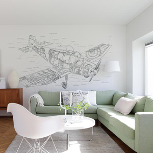 9d北欧简约客厅卧室墙纸铅笔画效果福克飞机机械图儿童房背景壁画