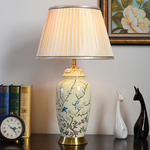 美式乡村陶瓷台灯花鸟瓶全铜中式客厅书房卧室床头灯可调光欧式灯