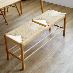 北欧橡木实木换鞋凳穿鞋凳编织床尾长条凳子餐椅简约现代日式风格
