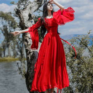 雪纺大红色飘逸连衣裙青海湖旅游衣服拍照仙女夏海边度假沙滩裙子