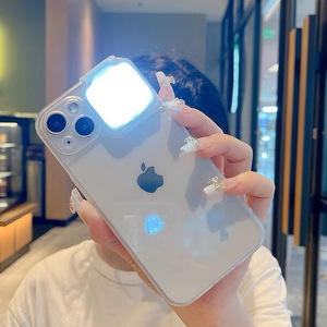 适用苹果14ProMax透明补光灯手机壳iPhone13可调亮度15Pro夜间自拍补光Plus全包硅胶新款女直播美颜专用外壳