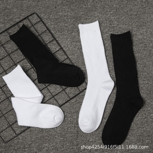 纯棉高长筒袜子纯色商务防臭竹纤维黑白色双针大码男袜女袜