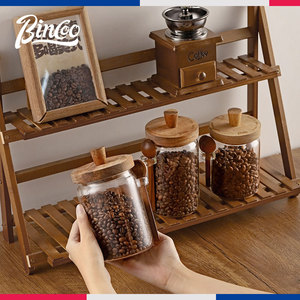 Bincoo玻璃密封罐带小勺相思木盖防潮咖啡收纳罐食品家用密封套装