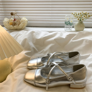 银色法式小香风仙女平底单鞋女2024夏季新款浅口复古玛丽珍小皮鞋