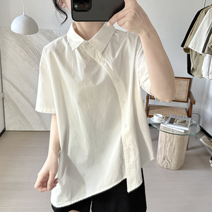 韩国不规则衬衫女士夏季新款宽松大码显瘦小众设计感短袖减龄上衣