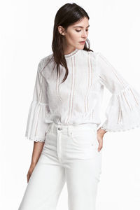 2024春夏装H&M HM女装正品镂空刺绣喇叭袖白色衬衫上衣 0551191