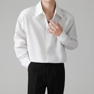 高级感领带垫肩衬衫男垂坠设计感小众大尖领宽松法式白色长袖衬衣