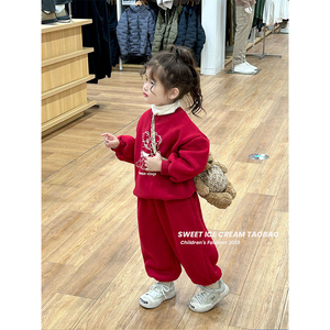 韩版女童加绒套装新年冬装2024新款儿童加厚卫衣红色过年拜年服潮