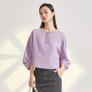 EMOO杨门2024春装新款七分袖T恤女宽松套头上衣浅紫色卫衣圆领