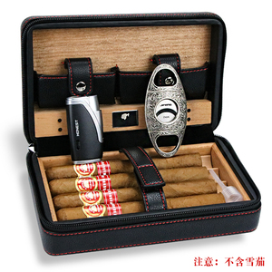 COHIBA雪茄便携套雪茄剪打火机套装香柏木棕色加湿保湿盒雪茄皮套