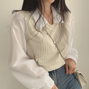 米奇格格韩国chic秋季复古小众法式衬衫拼接翻领灯笼袖假两件短款