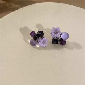 猫眼石紫色花朵方形耳钉女2024年新款潮小众设计耳饰高级感耳环品