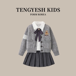 韩国TENGYESH女童JK学院风制服套装2024秋冬儿童针织毛衣开衫外套