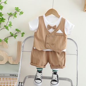 夏季婴儿衣服男童外贸周岁礼服领结马甲圆领短袖两件套男宝宝夏装