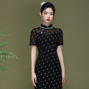 气质旗袍夏季2024年新款女装中国风优雅黑色日常改良连衣裙中长款
