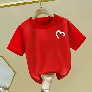 女童短袖T恤2024新款夏装儿童宽松大红色上衣亲子装一家三口夏款