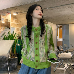 【现货】日系慵懒复古绿色毛衣女春秋季粗线短款开衫宽松针织外套