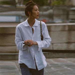 ACN / 刘雯时装周街拍同款白色透气棉麻极简风衬衫女夏季防晒衬衣