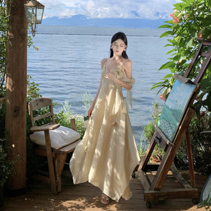 薇薇家  夏季国风新中式吊带天丝连衣裙女收腰显瘦设计感长裙子