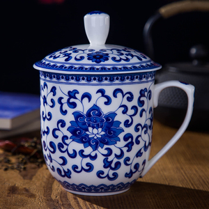 德睿祥 景德镇陶瓷器茶杯带盖陶瓷青花釉中骨瓷办公礼品茶杯包邮
