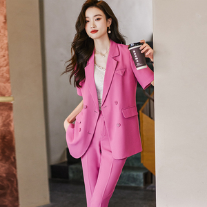 粉红色西装外套女夏季薄款短袖2024新款高级感休闲职业装西服套装