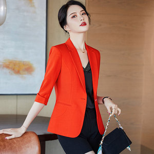 橘红色西装外套女夏季2024七分袖新款时尚气质小个子休闲西服套装