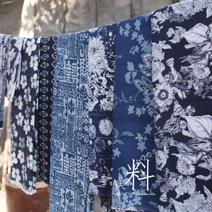 蓝印花亚麻布料 中国民族风定位花 做衣服棉袄汉服古装棉麻面料