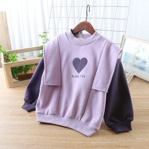 设计师款洋气 假两件早春季女童卫衣紫色加绒一体绒衫 棉质复合