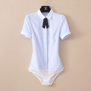 OL韩版棉质设计感小众衬衣工衣短袖条纹泡泡袖连体衬衫女