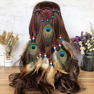 复古波西米亚民族风长流苏孔雀羽毛发带印第安头饰发绳女度假配饰