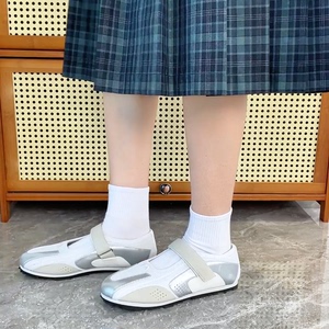 羊皮版~小众银色真皮玛丽珍运动鞋女舒适透气平底机能芭蕾舞单鞋