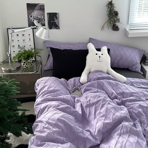 Purple紫色泡泡纱水洗棉床上四件套纯棉床单床笠款4件套简约纯色