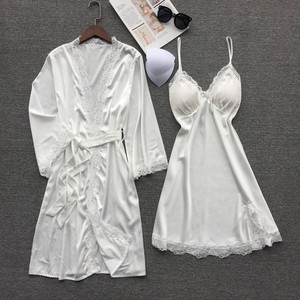 睡衣性感女夏季冰丝睡裙睡袍两件套带胸垫薄款纯色蕾丝诱惑家居服