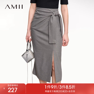 Amii2024夏季新款通勤气质扭结绑带开叉半身裙直筒裙设计感裙子女