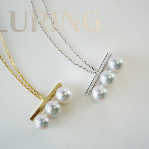 『薇家』T设计三珠钻石平衡.高端日本Akoya天然海水珍珠18K金项链