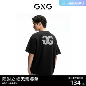 GXG男装    黑色精致绣花简约休闲圆领短袖T恤男士上衣24年夏新品